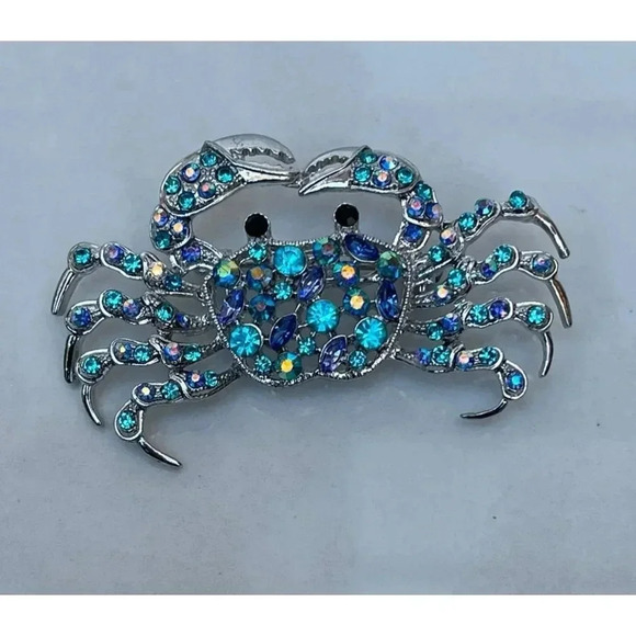Crab Pin Brooch Pin Rhinestone Crystal Pearl Jewelry Silver Light Blue 1" - Picture 1 of 4
